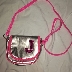Silver and Pink J lettered crossbody purse